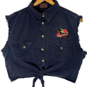 BIKER DESIGN Denim Cropped Vest Button Tie Front Sleeveless Top Womens XL Black